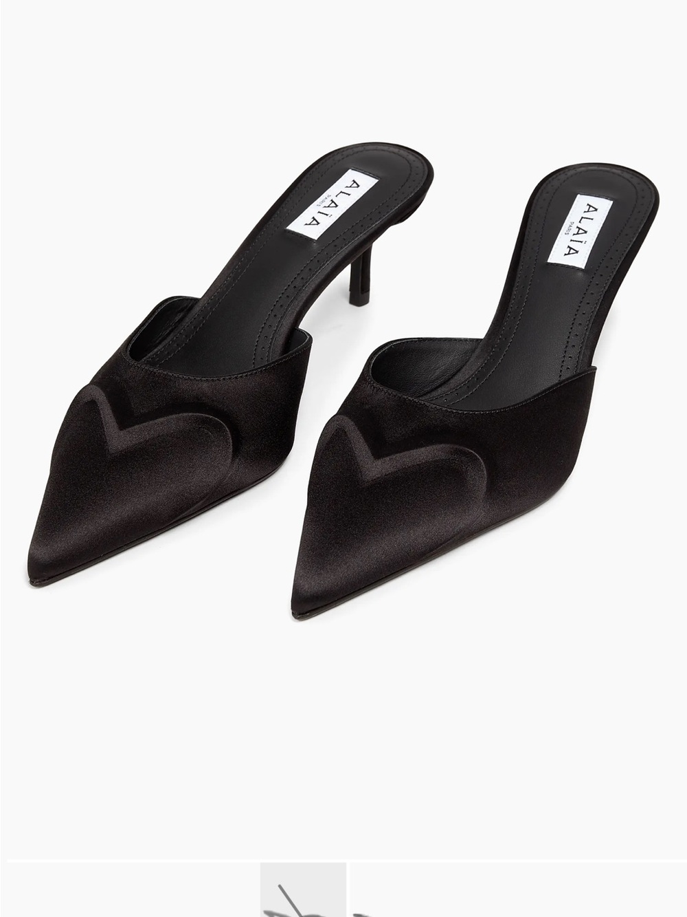 ALAIA Black Pointed-Toe Heart-Embellished Satin Mules